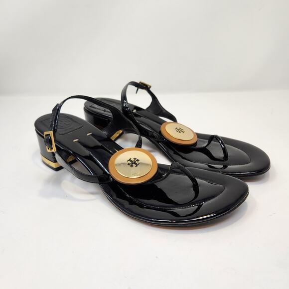 Tory Burch Black Patent Leather T Strap Thong Heel Sandal Women Size 10.5 M Shoe - Picture 1 of 10